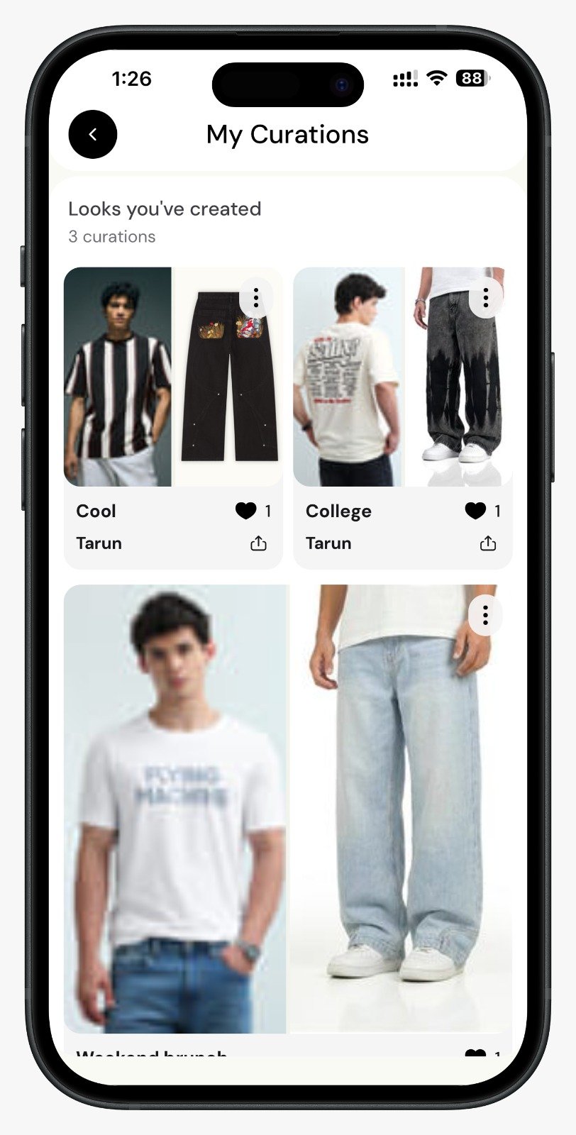 SWIRL curations screen showing a saved collection of garments