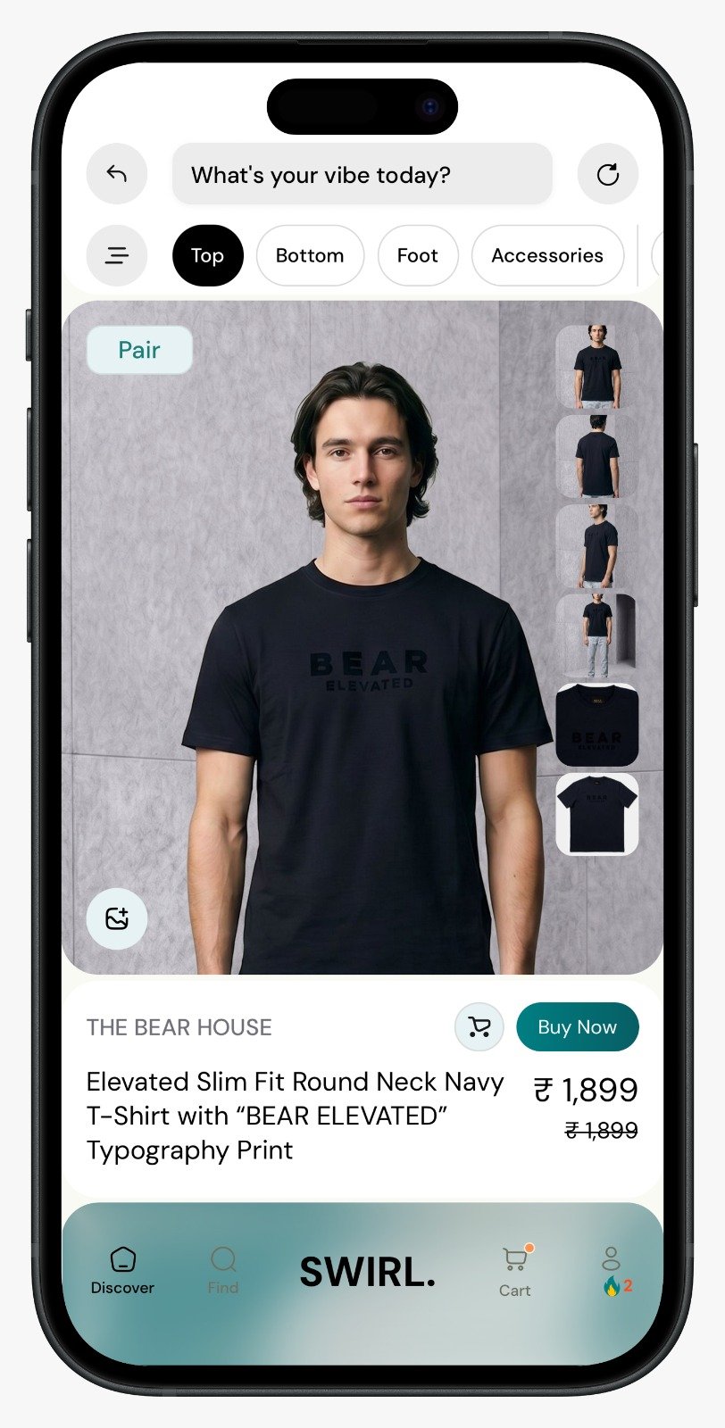 SWIRL discovery screen showing a single garment card ready to swipe